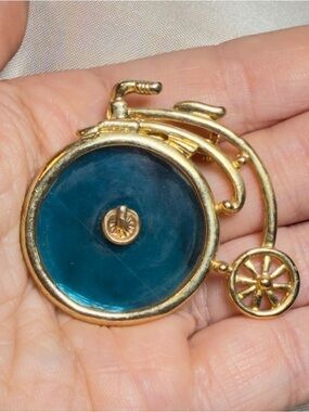 Vintage Upcycled Tricycle Brooch Blue Lucite Wheel Gold Tone OOAK